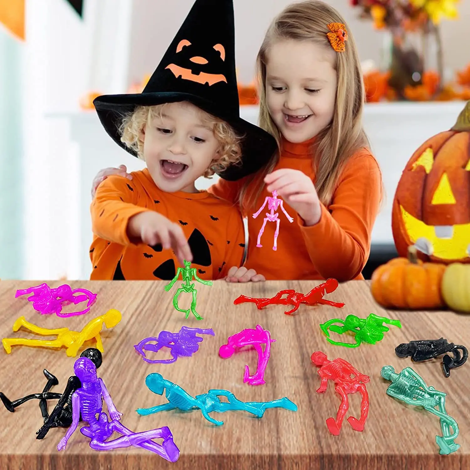 10pcs Stretchy Skeleton Sticky Toys Assorted Color Stretchy Skull Squishy Toys For Kids Party Favor Happy Halloween Gift