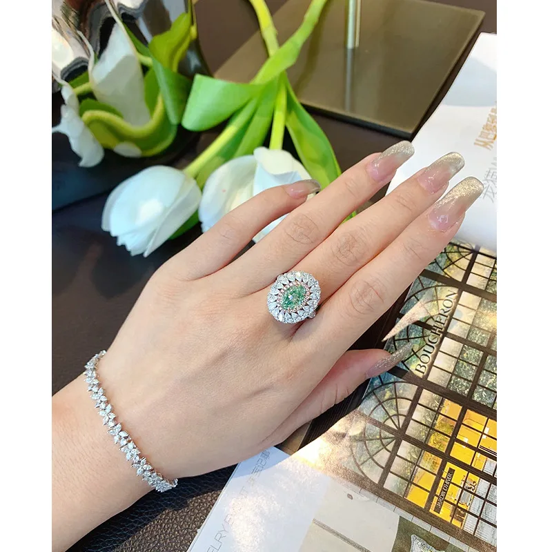 

Apaison 2023 Fashion Princess Kate Gem Created Light Green Zircon 6*9 Silver Color Wedding Finger Crystal Ring Jewelry for Women