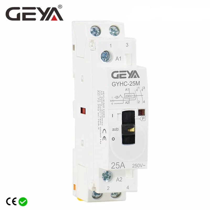 GEYA GYHC Modular Contactor 2P 16A 20A 25A 2NO or 2NC 220V Manual Control Household Contactor Din Rail Type