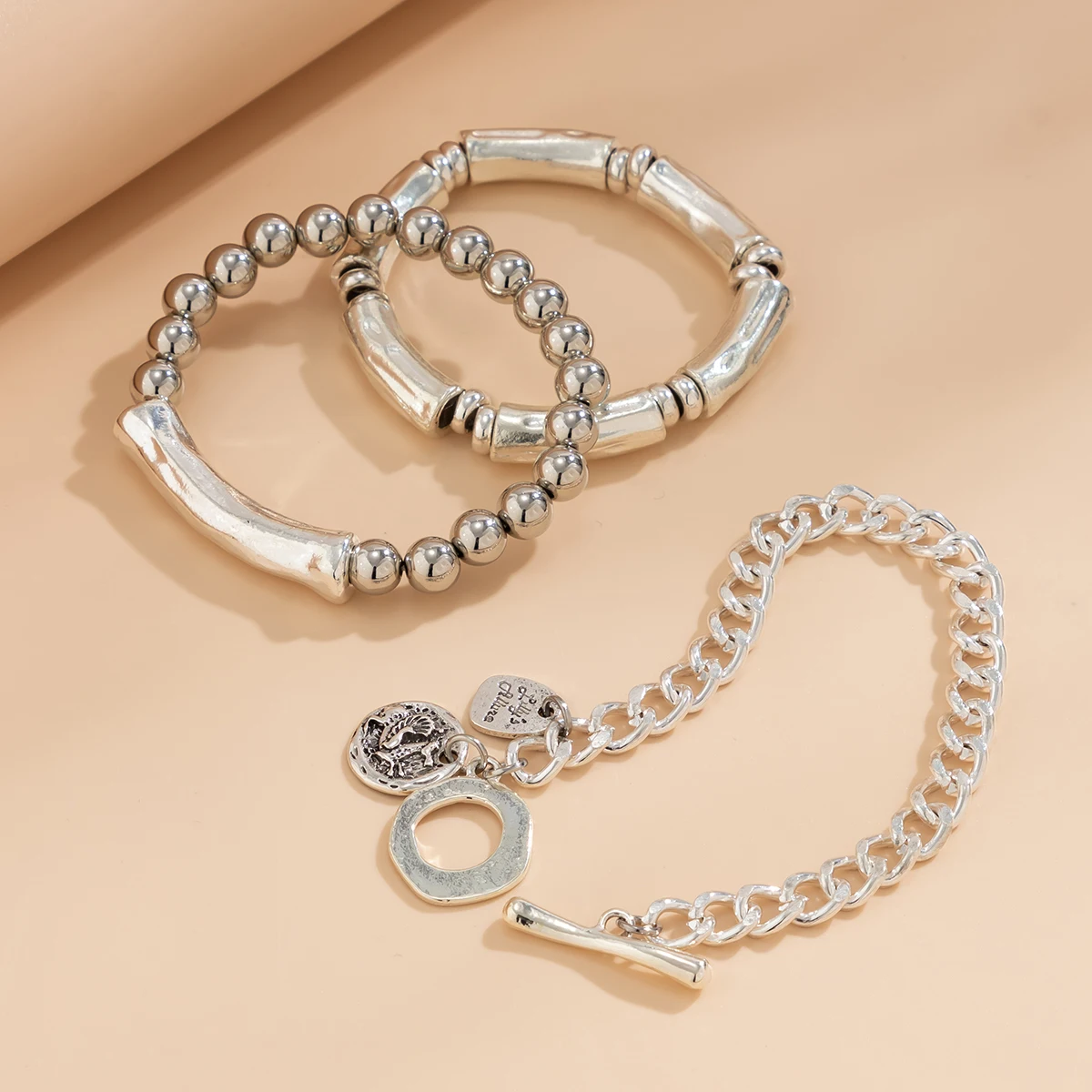3Pcs/Set Gothic Hip Hop Silver Color Bone Bracelet for Women Trendy Vintage OT Buckle Hang Tag Thick Bangles Party Jewelry New
