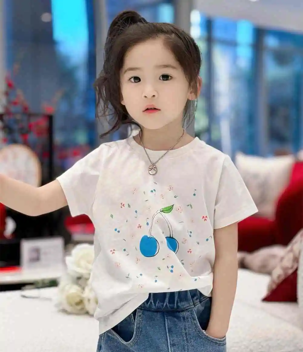 

baby girl clothes kids tops Blue cherry printed pure cotton T-shirt White short sleeved T-shirt