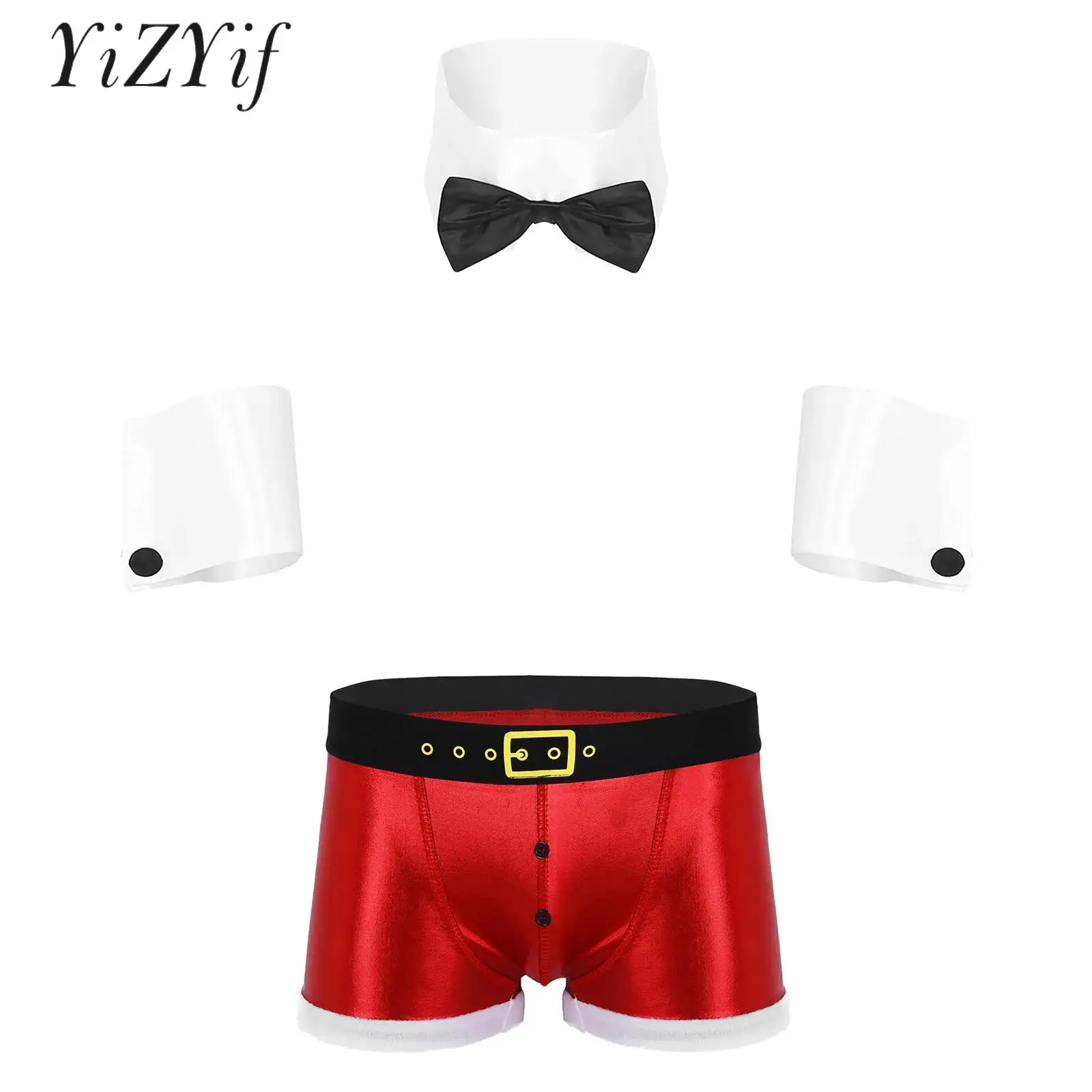 

Mens Christmas Role Play Costume Sexy Lingerie Set Club Dance Outfits Collar Cuffs with Low Waist Shorts Underpants Underwear