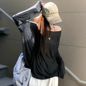Sexy Sheer Baggy T-shirt for Women 2026 Casual Fashion Loose Pullovers Chic Lazy Solid Color Off Shoulder Top Streetwear 1
