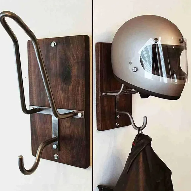 WODHMIEY Wood & Metal Motorcycle Helmet Holder Wall Mount - With 4 Glove Clips, Heavy-Duty Gear Storage Rack