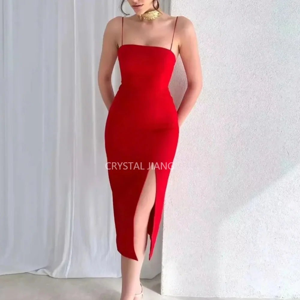 

Simple Long Red Spaghetti Straps Satin Evening Dresses Sleeveless with Slit Mermaid Tea Length Vestidos De Fiesta