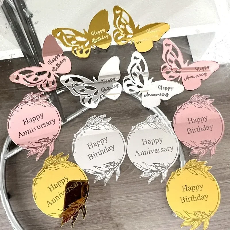 10Pcs Rose Gold Happy Birthday Party Cake Toppers Happy Anniversary Acrylic Cake Topper for Baby Birthday Party Decorations