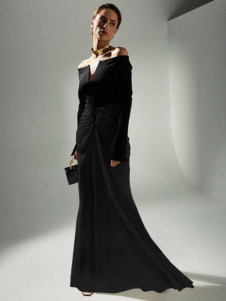 Nibber Full Sleeve Patchwork Maxi Dress Women v-Neck Folds High Split Skinny Stretch Elegant Banquet Vacation Chic Vestidos