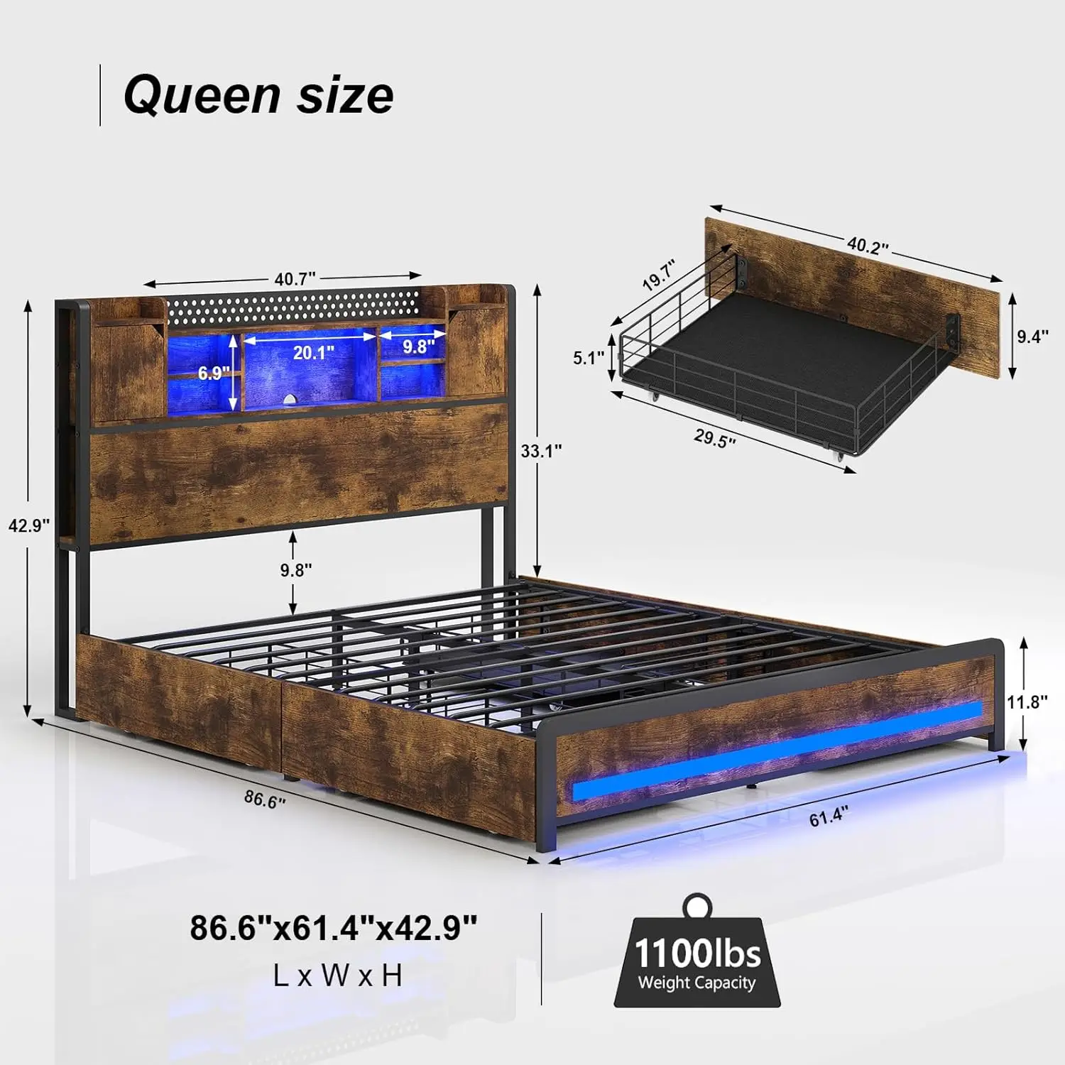 Description Picture 3 of itemQueen Bed Frame with Storage Drawers and Bookcase Headboard, LED Bed Frame Queen Size with Type-C & USB Ports