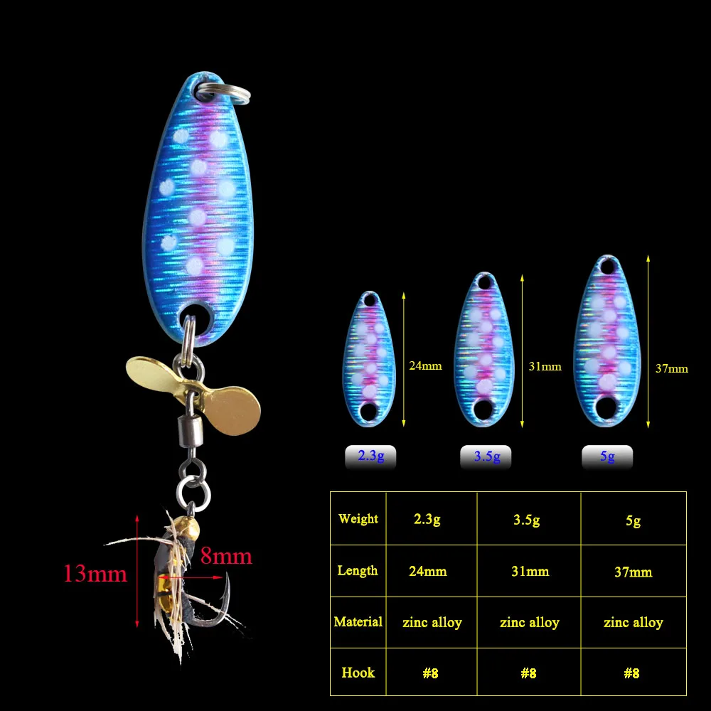 Description Picture 5 of itemNew Swimbait 2.3g/3.5g/5g Metal Bait Laser UV Spoon Fishing Lures Wobblers Fly Fishing Hook Artificial Trout Lure