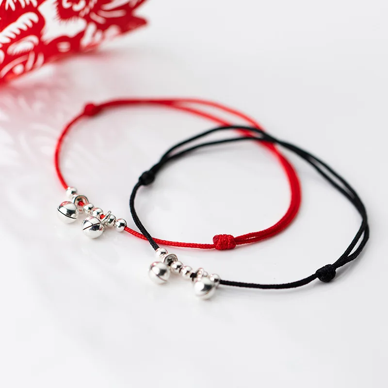 S925 Sterling Silver Bells Anklet Foot Jewelry for Women Barefoot Beach Lucky Handmade Red Black Cord Chain Anklets Jewelry