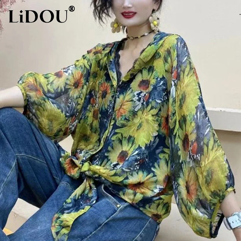 

Summer Fashion Casual Floral Printed Chiffon Shirt Ladies Long Sleeve Hooded Single Breasted Top Women Sunscreen Cardigan Blouse