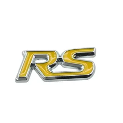 Sleek 3D Metal RS Logo Car Steering Wheel Emblem Sticker - Steering wheel (RS Yellow Silver)