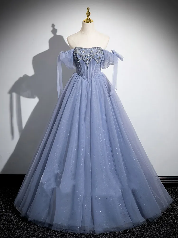 Blue Quinceanera Dresses Short Sleeve Beading Banquet Dress Prom Ball Gown Vestidos De 15 Quincea&ntilde;era Customized