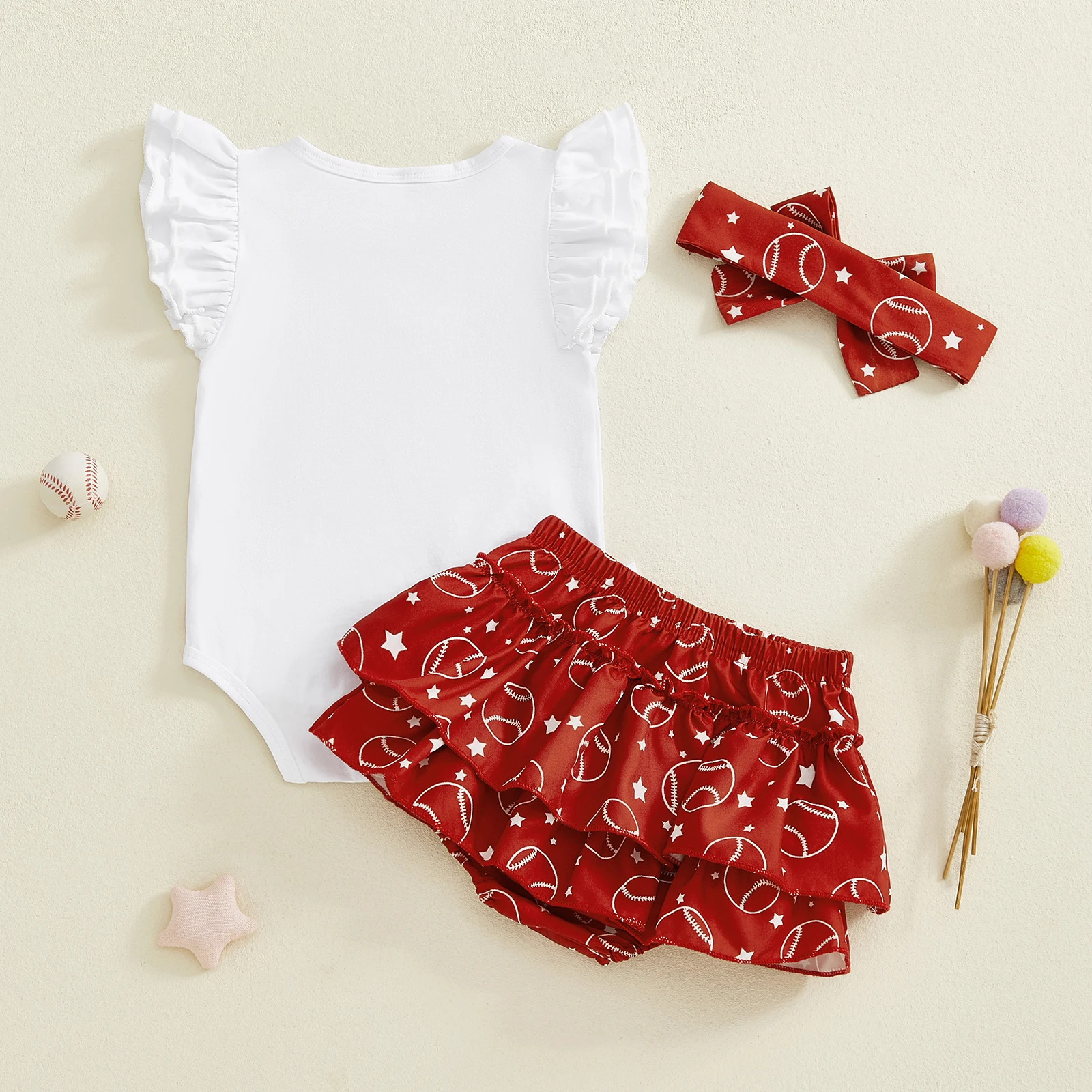 0-18M 여름  소녀 야구 프린트 의상 프릴 민소매 롬퍼 탑 스커트 반바지 머리띠 세트  의류