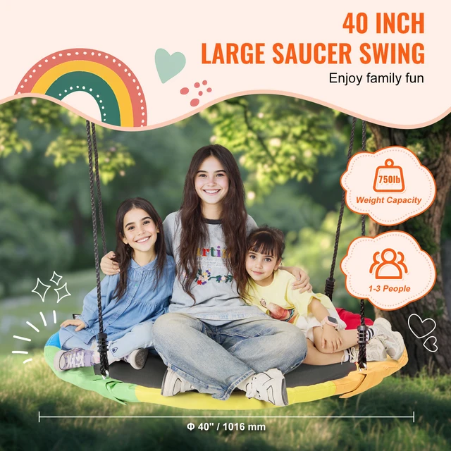 SucceBuy Tree Swing Saucer Swing 750lbs Swing Seat 2 Tree Hanging Straps Adjustable Multi-Strand Ropes Round Swing Kids Outdoor