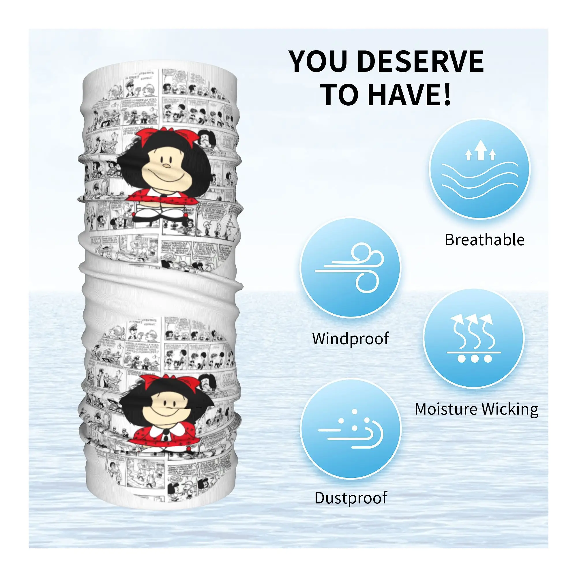 Mafalda Cartoon Quino Comics Bandana Neck Gaiter Windproof Face Scarf Cover Women Men Headband Tube Balaclava
