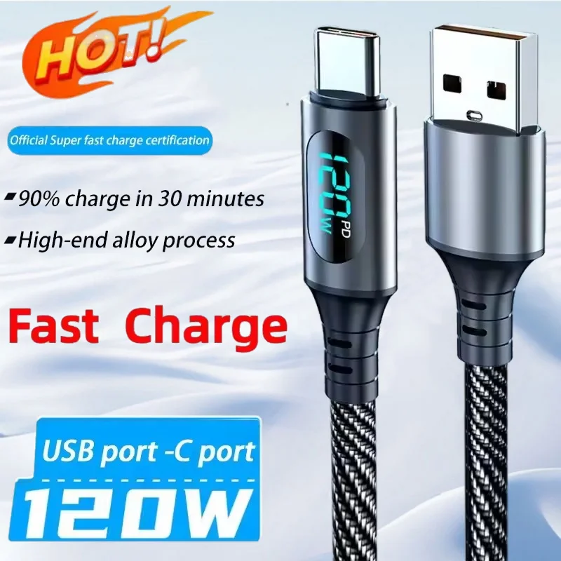 새로운 120W 타입 C LED 디지털 디스플레이 충전 케이블 USB 고속 충전..