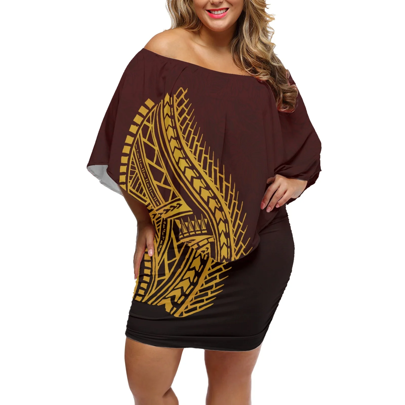 

Summer Samoa Hawaii Tribes Women Party Dress Polynesian Tattoo Print Off Shoulder Bat Sleeves Bodycon Buttocks Dresses