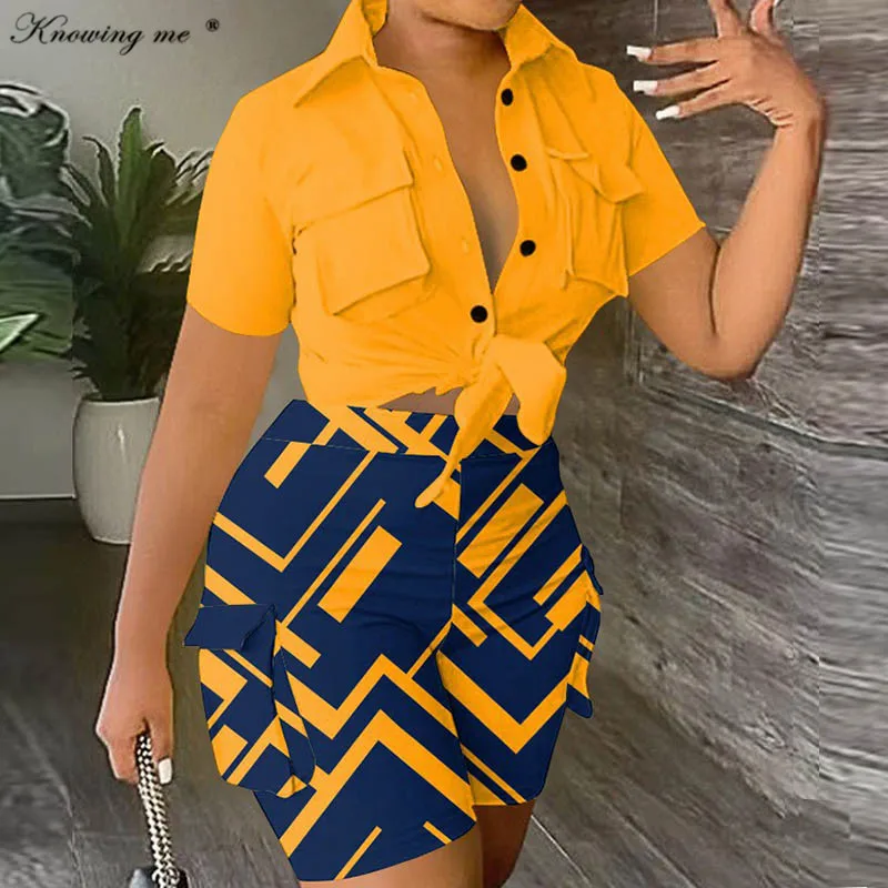 

Summer tracksuit set women single Button Lace Up Blouse top pockets Short pants two piece set Female Coordinates Safari outfit