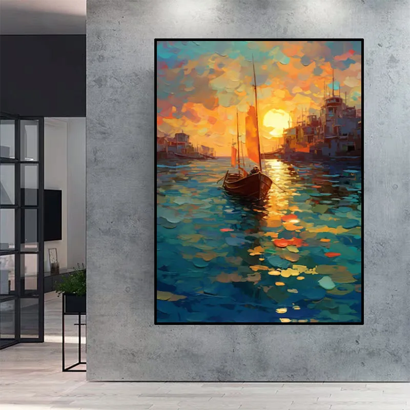  Paisaje sol conjunto orilla barco ciudad vista lienzo cartel  nórdico pared arte impresión pintura cuadro salón decoración del hogar :  Hogar y Cocina