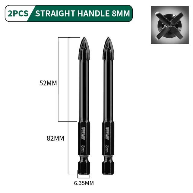 GREENER 3-12mm Four-blade Concrete Impact Glass Drill Cross Hex Tile Drilling Bit Special For Hexagonal Shank Hard Alloy Tri 8mm 2pcs