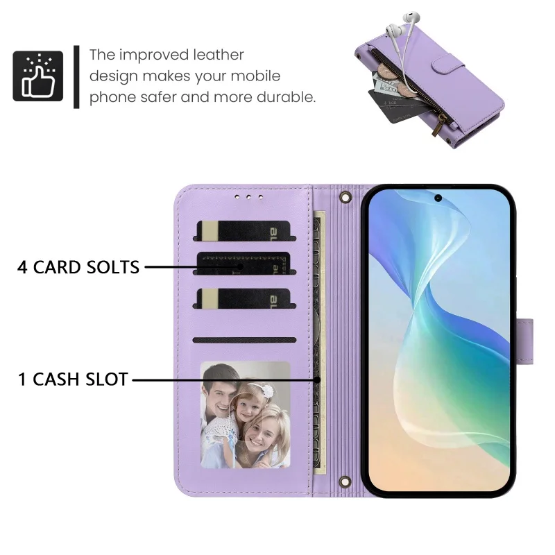 Luxurious Zipper Leather Wallet Phone Case with Wrist Strap and Card Slots