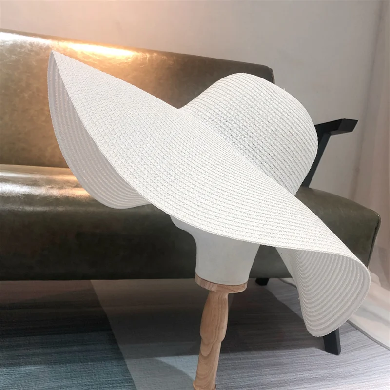 White punk straw hat 25cm large brim hat sun ultra-thin breathable summer sun straw travel men and women