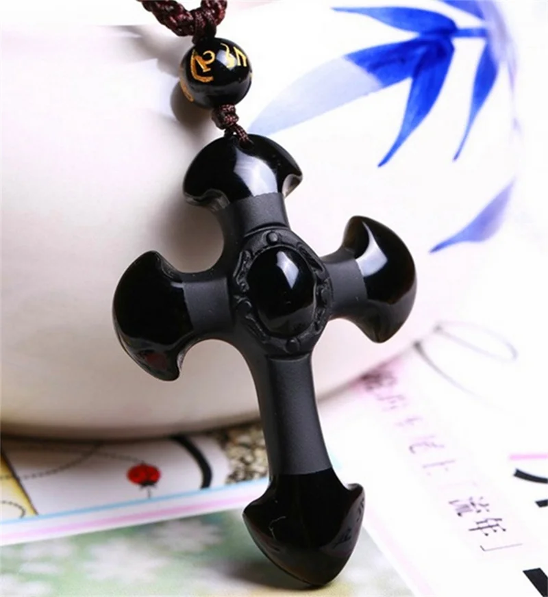 Pendentif Croix En Obsidienne Noire Naturelle Sculptée + Collier Perles - Chine