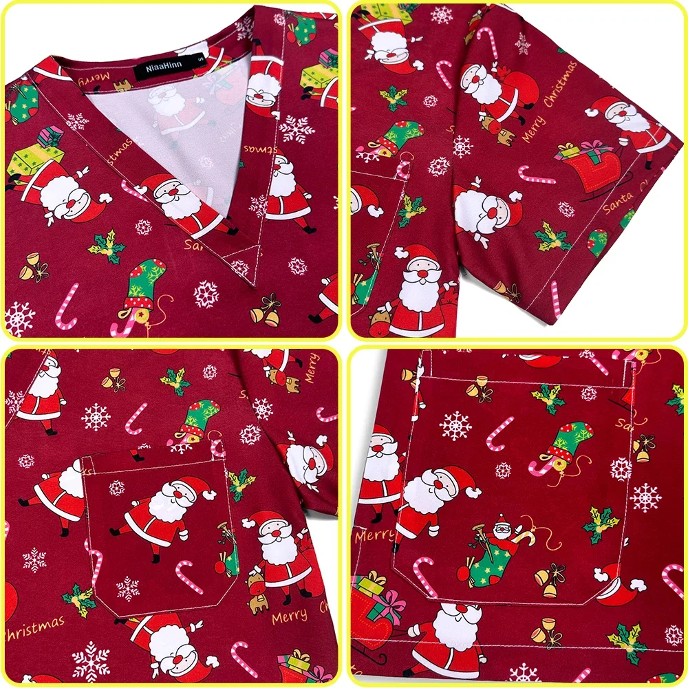 New Santa Scrubs Medical Uniforms Women Men Nurse Accessories Clinical Uniform Dentist Work Blouse Vet Spa Christmas Scrubs Tops