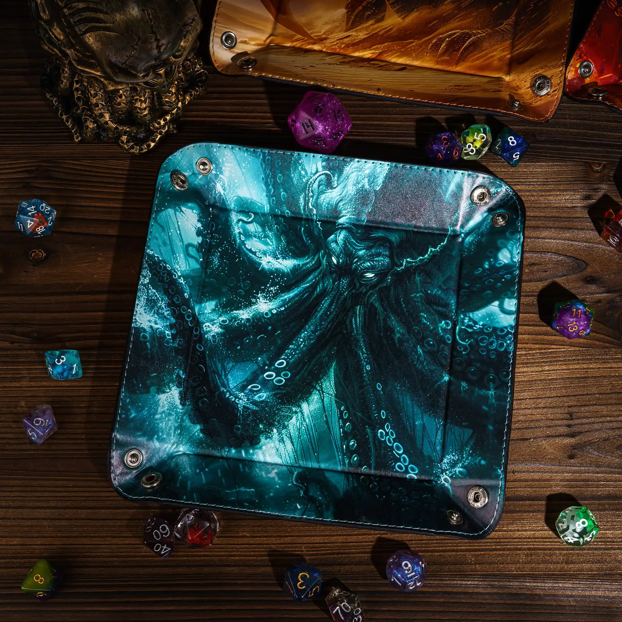 Dice Tray Foldable Square PU Leather Octopus Printed Dice Rolling Tray Holder for D&D Board Games Multiple Items Storage