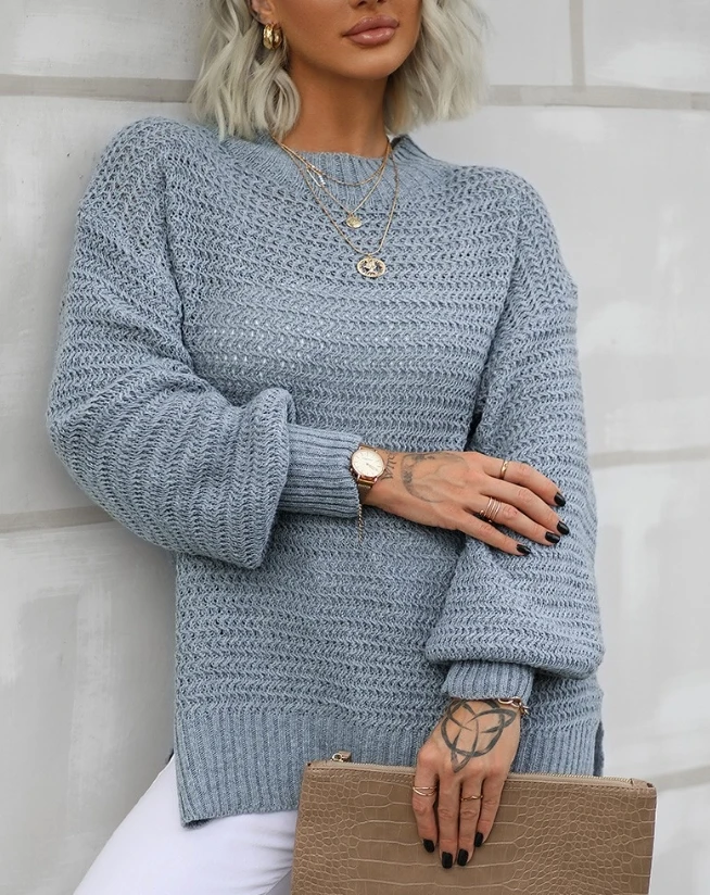 

Woman Casual Long Sleeve Mock Neck Split Hem Sweater Temperament Commuting Women's Fashion Rib-Knitted Pullovers