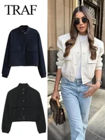 TRAF Vintage Solid Long Sleeve Bomber Jacket Spring Women Casual Coats Streetwear 2023 Female Elegant Lapel Zipper Jakcet