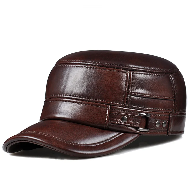 Winter Genuine Leather Cap Men's Flat Caps Warm Army Military Hat Elegant Man Baseball Cap British Vintage Cowhide Leather Hat baseball cap flat cap leather hat