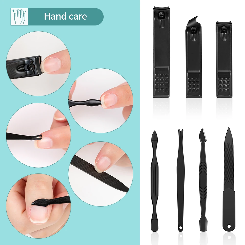 Stainless Steel Nail Clipper Set, With Black Leather Travel For Men And Women Manicure Kit Pedicure Care Nail Art Tool