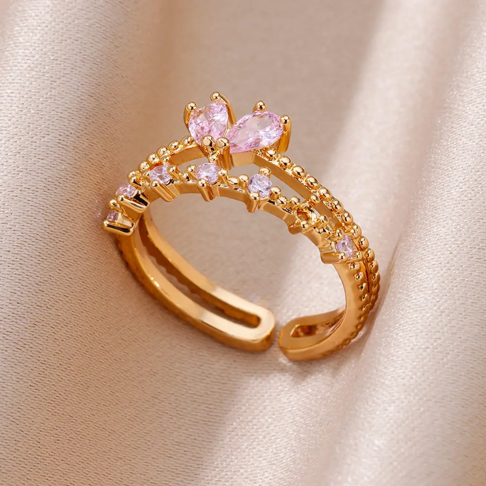 Zircon Stainless Steel Adjustable Heart Double Ring