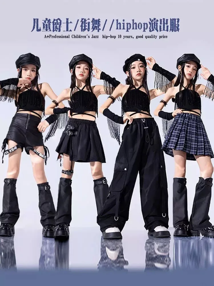 Hip Hop Kids Dancing Costume for Girls Child Party Show Black Leather Shorts T Shirts Pants JK Skirt Jazz Ballroom Dance Clothes