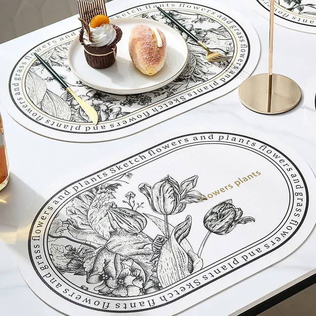 Északi Bőr Placemat Fekete -Fehér Virágmintás Vízálló Olajálló Hőálló Tál Szőnyeg Étkezési Asztal Dekoráció - Image 3