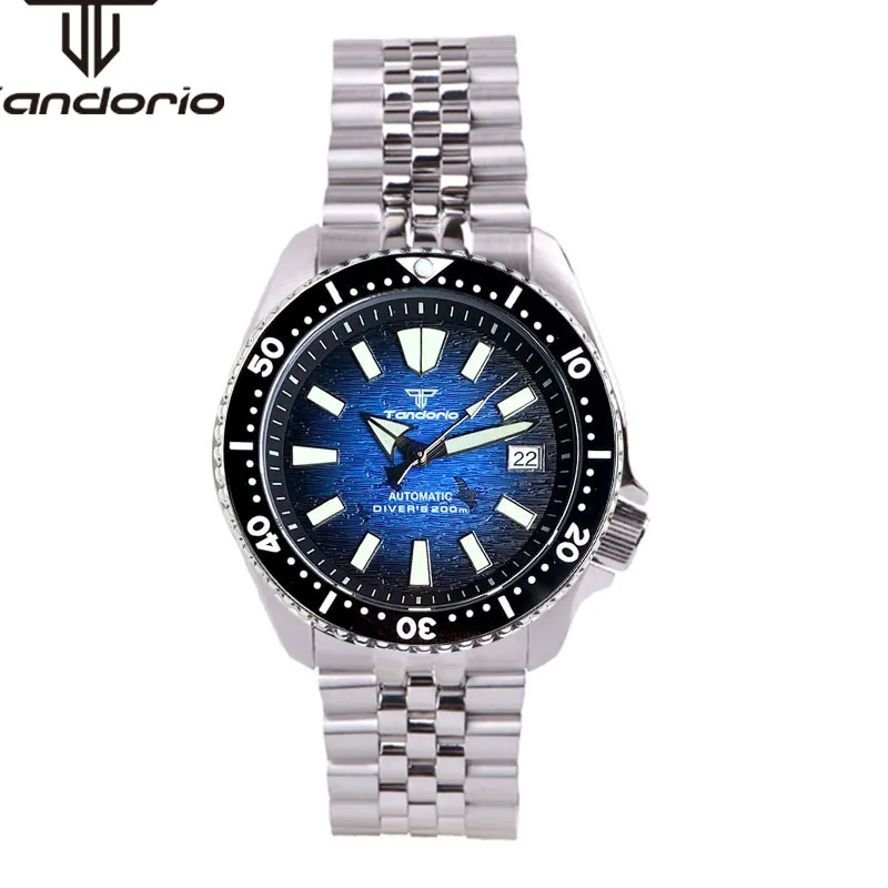 Tandorio NH35A 41mm 200m Automatic Diving Men's Wristwatch Black Blue Dial Luminous Sapphire Glass Date Rubber Steel