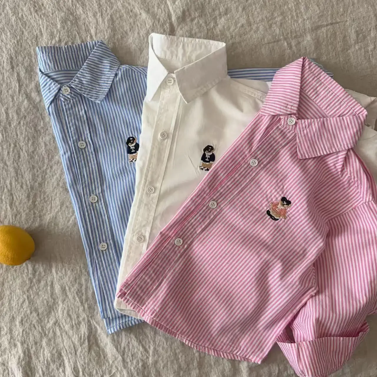 Children's Striped Bear Embroidery Shirt kids shirts Spring Summer for Boys Girls
