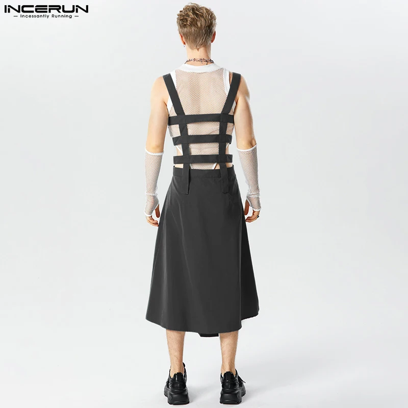 Men Irregular Skirts Jumpsuits Solid Hollow Out Straps Rompers Pants Streetwear Personality Male Skirts S-5XL men rompers