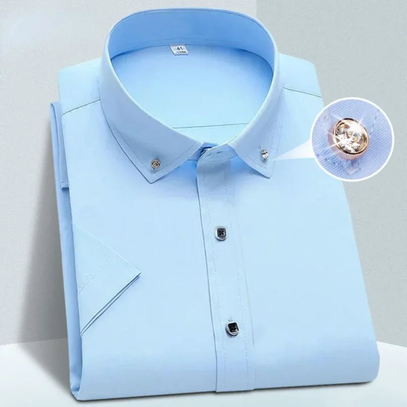High Quality Non-ironing Mens Dress Shirt Short Sleeve New Solid Male Clothing Fit Business Shirts White Blue Navy Black Gozbkf