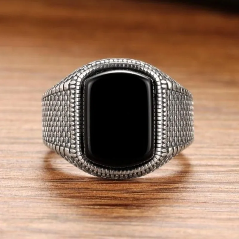 Silver Gemstone Ring New silver geometric diamond inlaid black agate gemstone men's lady adjustable ring