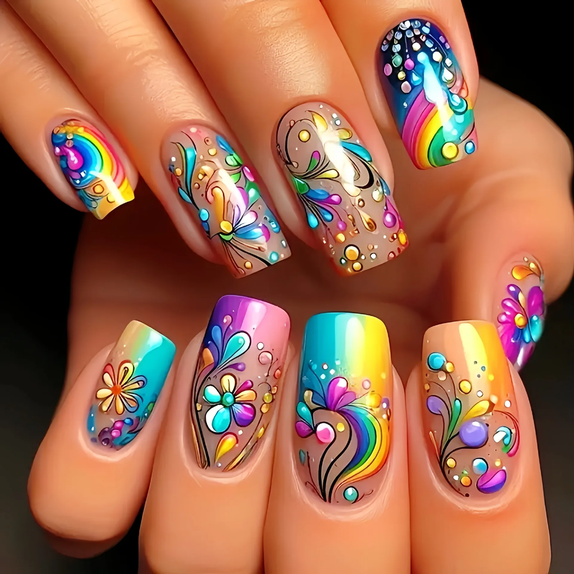 Ladder-Shaped Floral Ombre French Press-On Nails with Glue Strips - 24 Piece Set