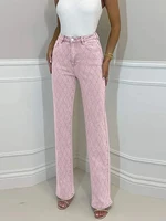 Diamond-shaped Rhinestones Woman's Denim Pants Shiny Diamond Straight Jeans for Women High Rise Trousers Y2k High Street Pants