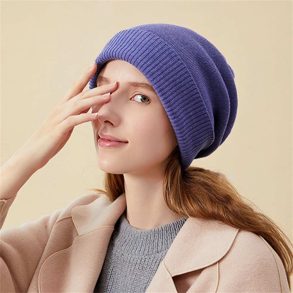 

Winter Rabbit Fur Knitted Beanies For Women Fashion Solid Warm Cashmere Wool Skullies Beanies Female Three Fold Thick Hats