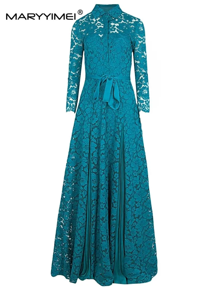 

MARYYIMEI Fashion Autumn Women's dress Turn-down Collar Lace up Ruched Lace hollowed out Slim Elegant Dresses