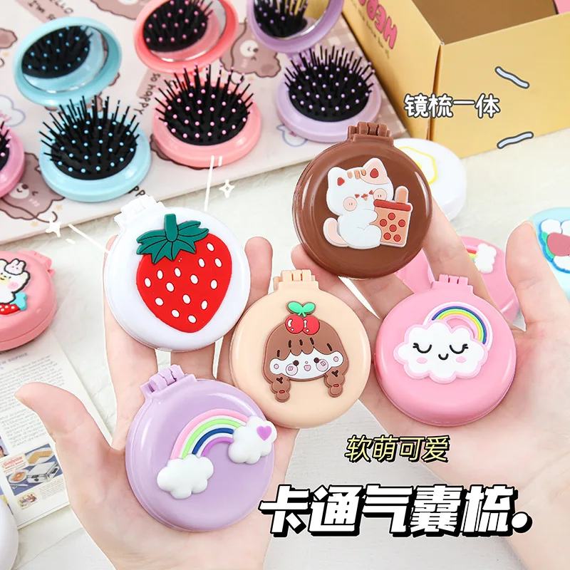 Cute Cartoon Macaron Folding Hair Comb Portable Folding Comb Kawaii 2 in 1 Folding Comb with Small Mirror Baby Makeup Supplies