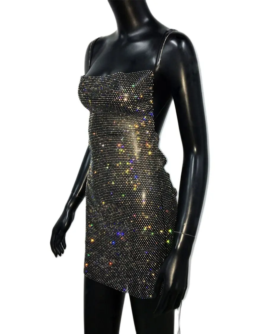 Sexy Mesh Rhinestones Summer Dress Women See Through Backless