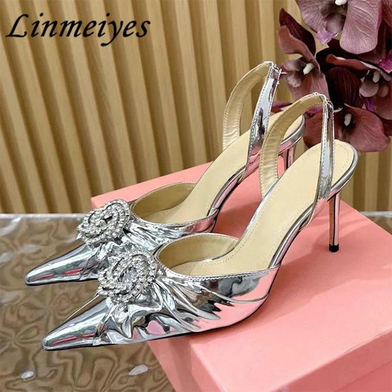 

New High Heels Shoes Women Pumps Pointed Toe Satin Crystal Flower Slingbacks Party Shoes Sexy Thin Heels Gladiator Sandals Women