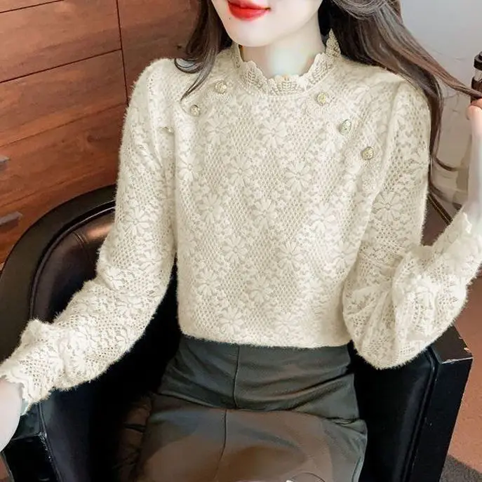

Women's Long Sleeved Lace Shirt, Half High Neck Pullover, Fashion Print Top, New, Autumn, Winter, 2023